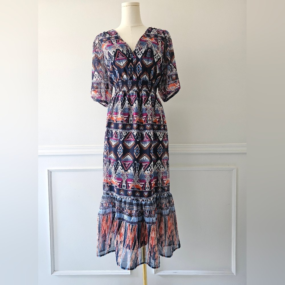 Aztec Puff Sleeve Midi Dress
